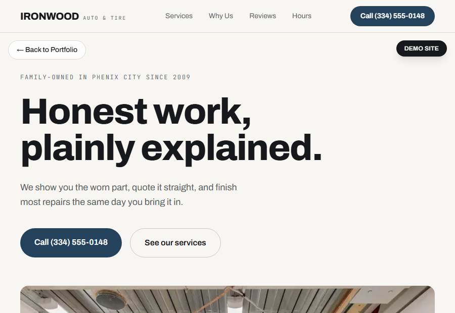 Ironwood Auto & Tire demo site, scrolled to show hero and services.